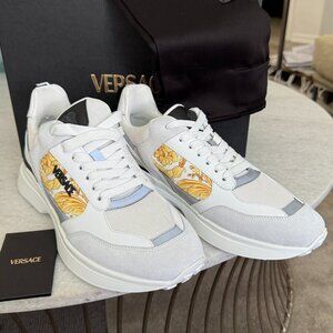 VERSACE 1011942 Barocco White Leather Sneakers, Size 44